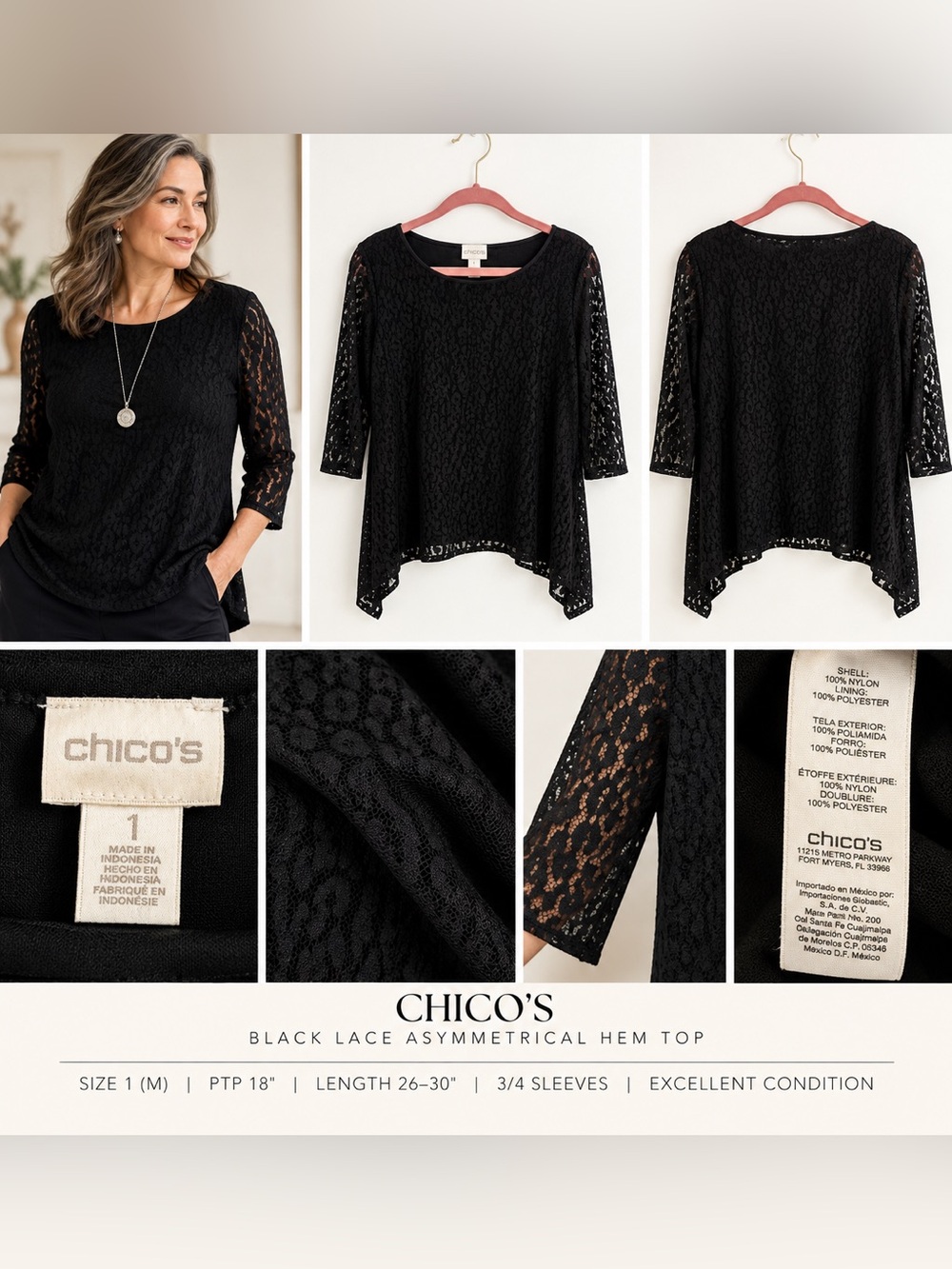Chico’s Black Lace Tunic Top Size 1 M 3/4 Sleeve High Low Sheer